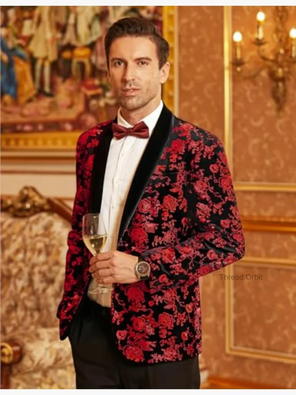 Velvet Tuxedo Floral Blazer Jacket One Button Shawl Lapel Prom - Picture 2 of 7